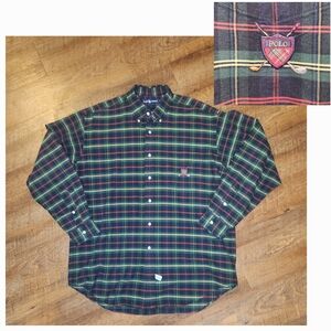 Vintage Polo Ralph Lauren Mens Large Green Red Yellow Plaid Shield Crest Clubs